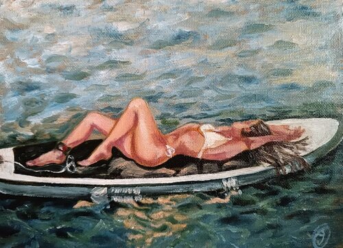 Painting girl in a boat, Woman in the sea art, Summer painting. van IRINA OLEYNIK, Schilderij te koop op Singulart