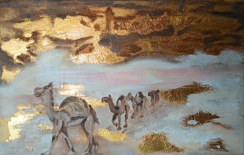 Picture of a camel in the desert. Painting with gold plating. van IRINA OLEYNIK, Schilderij te koop op Singulart