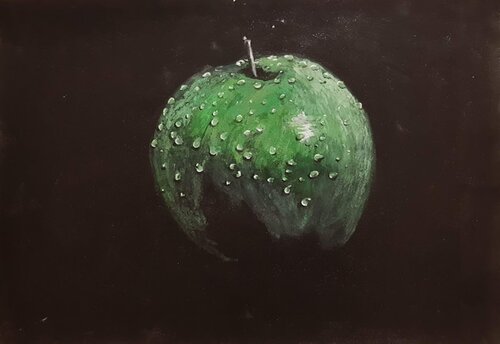 Still life, green apple, fruit, Painting for the kitchen. van IRINA OLEYNIK, Schilderij te koop op Singulart