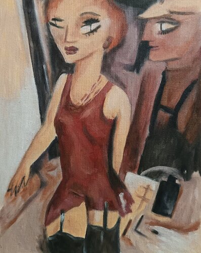 Woman in a red dress. van IRINA OLEYNIK, Schilderij te koop op Singulart