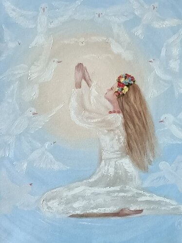 Woman with birds, Painting with pigeons, Peaceful painting. van IRINA OLEYNIK, Schilderij te koop op Singulart