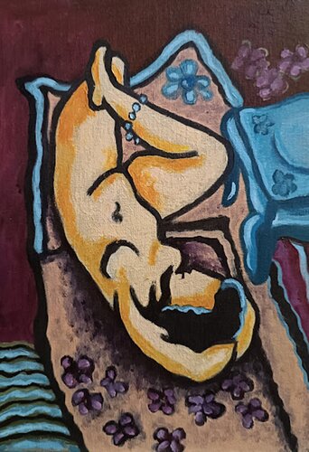 A naked woman lies on a carpet. Inspired by Henri Matisse van IRINA OLEYNIK, Schilderij te koop op Singulart