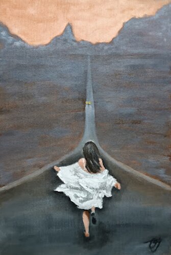 Running girl, sunset road in the mountains. van IRINA OLEYNIK, Schilderij te koop op Singulart