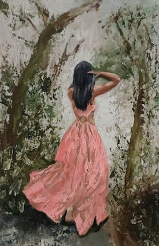 Girl in the forest in a pink dres. van IRINA OLEYNIK, Schilderij te koop op Singulart