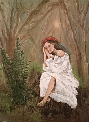 Girl in the forest  painting, Spirit of the Fern арт. van IRINA OLEYNIK, Schilderij te koop op Singulart