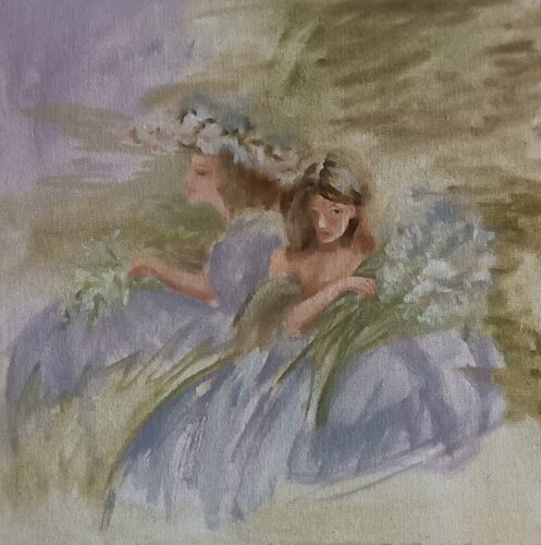 Girls with flowers, summer painting. van IRINA OLEYNIK, Schilderij te koop op Singulart