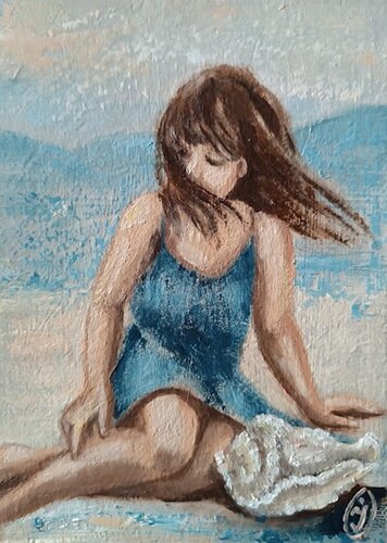Girl with a shell on the beach. di IRINA OLEYNIK, Pittura in vendita su Singulart