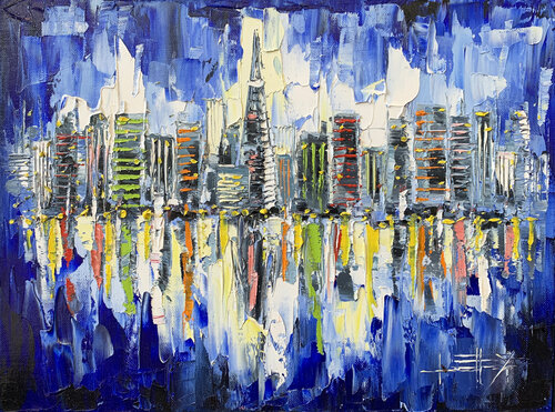 San Francisco Evening Skyline di Lisa Elley, Pittura in vendita su Singulart