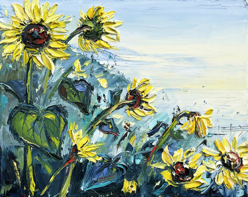 Sunflowers over the Ocean van Lisa Elley, Schilderij te koop op Singulart