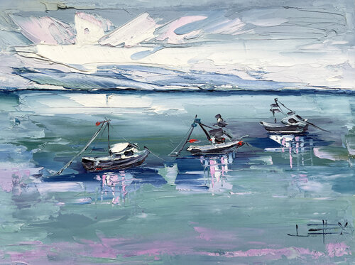 Capitola Fishing Boats di Lisa Elley, Pittura in vendita su Singulart