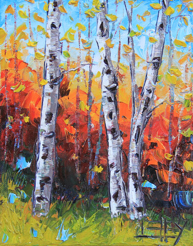 Autumn Birch Trees van Lisa Elley, Schilderij te koop op Singulart