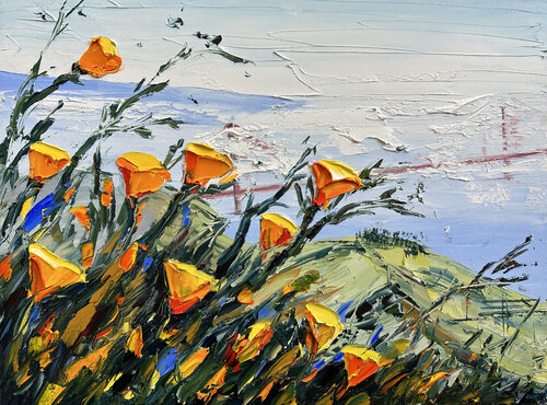 Poppies and the Golden Gate Bridge van Lisa Elley, Schilderij te koop op Singulart