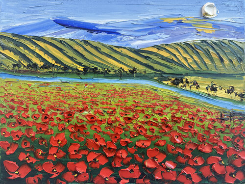 Vineyard Poppy Vista van Lisa Elley, Schilderij te koop op Singulart