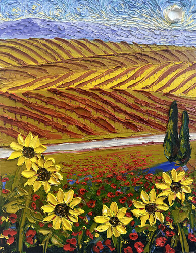 Vineyard Sunflowers and Poppies van Lisa Elley, Schilderij te koop op Singulart
