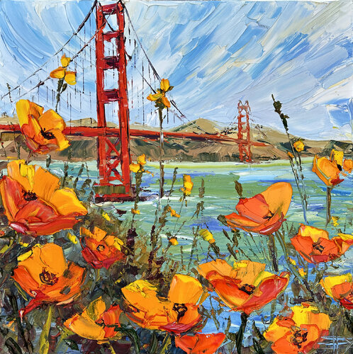 Golden Gate Poppy View van Lisa Elley, Schilderij te koop op Singulart