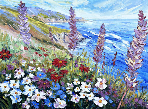 Coastal Wildflower Lagoon van Lisa Elley, Schilderij te koop op Singulart
