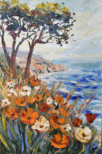Golden Poppies by the Sea van Lisa Elley, Schilderij te koop op Singulart