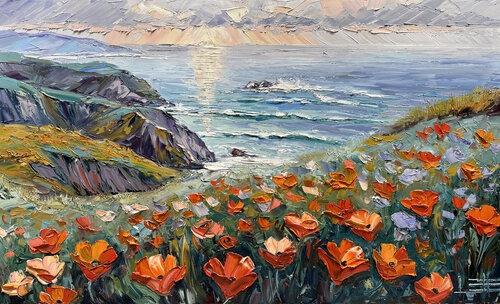Where the Poppies Watch the Sea van Lisa Elley, Schilderij te koop op Singulart