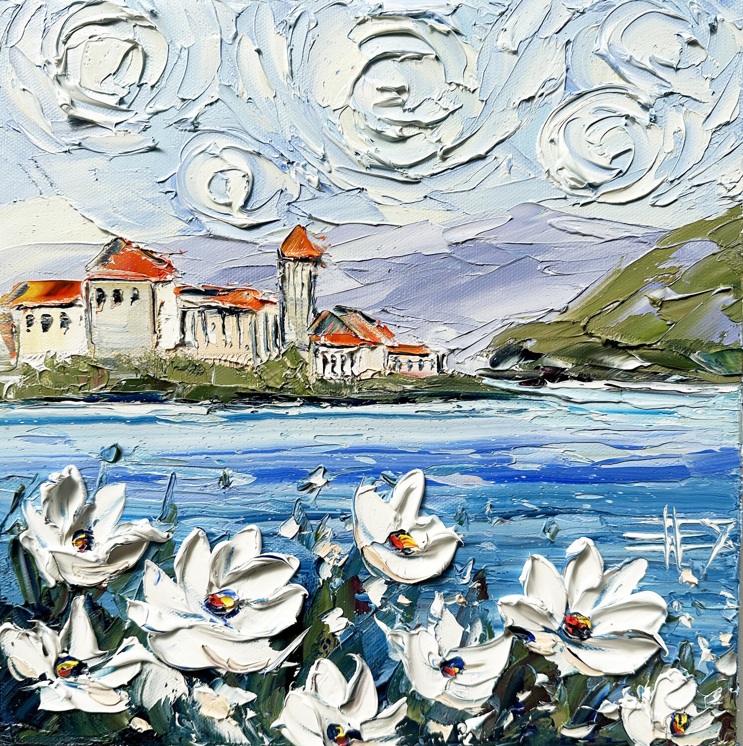 By the Shores of Lake Como Lisa Elley Originalgemälde zu verkaufen