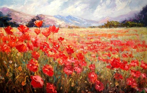 Meadow of blooming poppies. by Lara Vald, Painting for Sale on Singulart