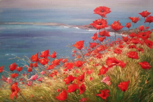 Poppies near the seashore. di Lara Vald, Pittura in vendita su Singulart