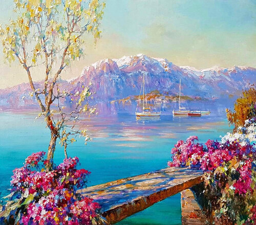 Mountains on the sea coast. de Lara Vald, Pintura a la venta en Singulart