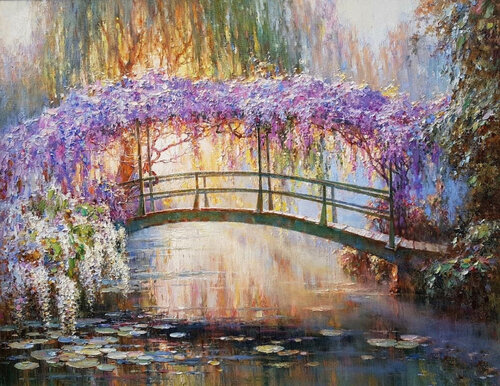 A wooden bridge entwined with flowers. van Lara Vald, Schilderij te koop op Singulart