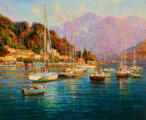 Yachts in the sea bay. van Lara Vald, Schilderij te koop op Singulart