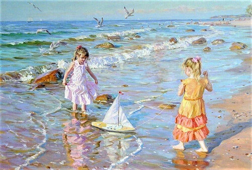 Kids games on the beach. by Lara Vald, Painting for Sale on Singulart
