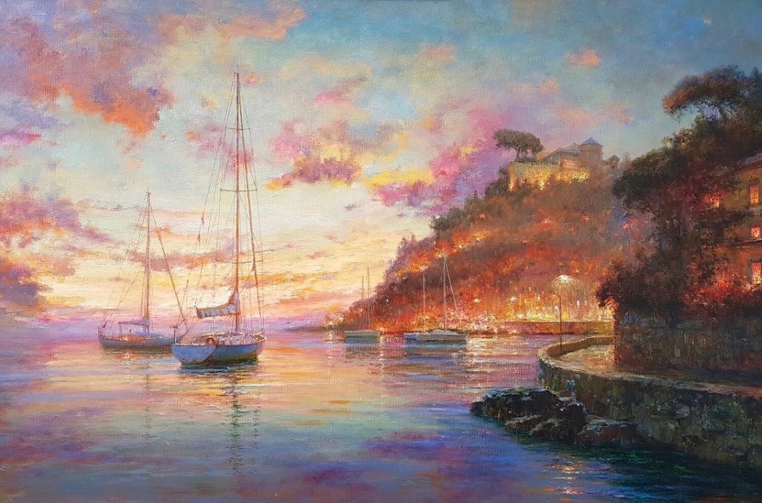 Yachts near the seaside town. Lara Vald Originalgemälde zu verkaufen