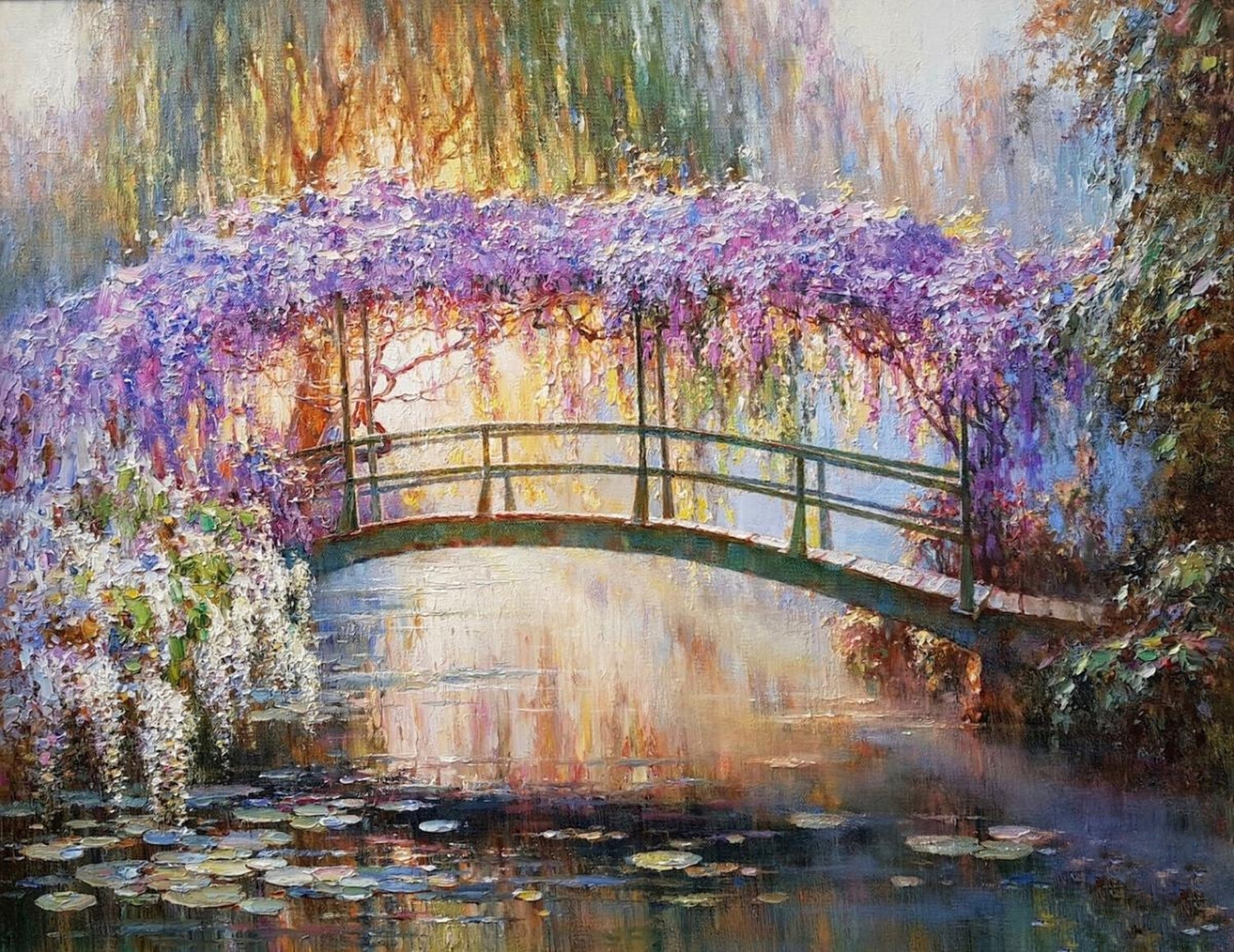 A wooden bridge entwined with flowers. Lara Vald Originalgemälde zu verkaufen