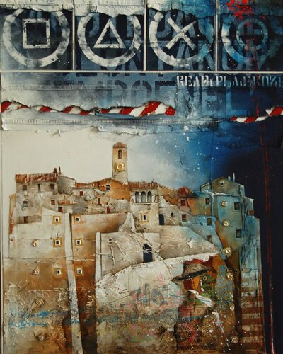 Greetings from...(Borgo blu con play station) van Fulvio Dot, Schilderij te koop op Singulart