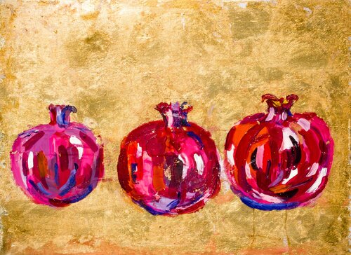 Pomegranates on gold leaf background von Maria (Masha) Potapenkov, Malerei kaufen auf Singulart