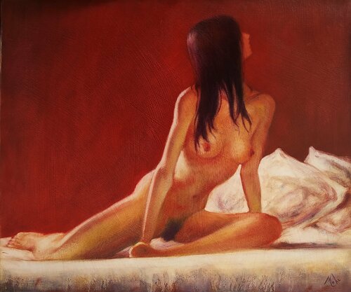 🔺 Modèle sur fond rouge 🔺 Model on red background 🔺 Modell auf rotem Hintergrund de Isabel Mahe, Pintura a la venta en Singulart