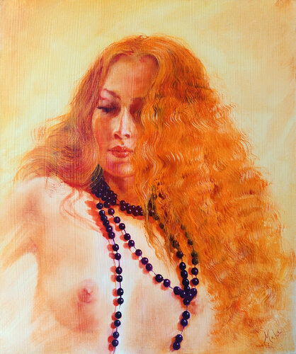 🖤 Jeune Femme au Collier de Perles 🖤 Young Lady with Pearl Necklace 🖤 Junge Dame mit Perlenkette de Isabel Mahe, Pintura a la venta en Singulart