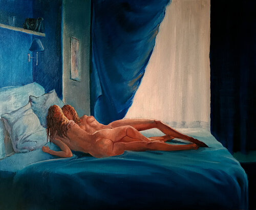 🛌Le Mystère de la chambre bleue 🛌The Mystery of the blue room 🛌Das Geheimnis des blauen Zimmers von Isabel Mahe, Malerei kaufen auf Singulart