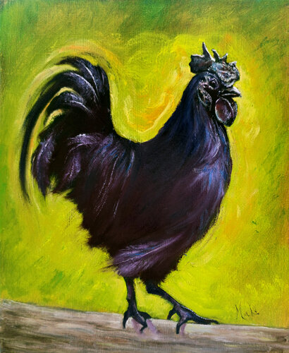 🐓 Jeune Coq noir 🐓 Black Cockerel 🐓 Schwarzer Hahn von Isabel Mahe, Malerei kaufen auf Singulart