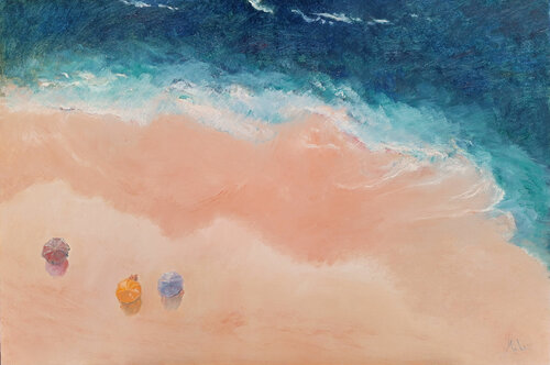 🏖️ La Plage de Sable Rose 🏖️ The Pink Sand Beach 🏖️ Der rosa Sandstrand von Isabel Mahe, Malerei kaufen auf Singulart