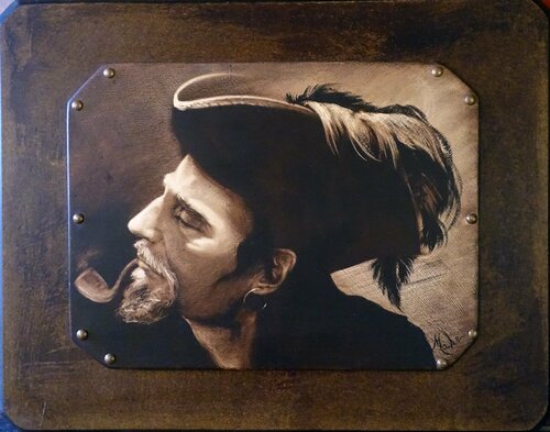 L'homme au chapeau à plumes ((( Man with a feathered hat *** Mann mit einem Federhut ))) van Isabel Mahe, Schilderij te koop op Singulart