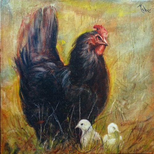 🐔Maman poule et ses poussins 🐔Mummy hen and her chicks 🐔Mom Henne und ihre Küken van Isabel Mahe, Schilderij te koop op Singulart