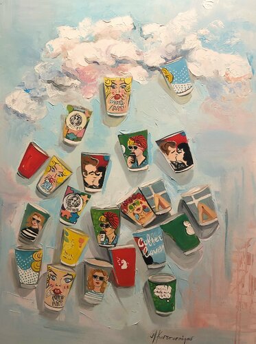 Coffe cups in the clouds von Marina Koutsospyrou, Malerei kaufen auf Singulart