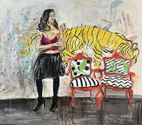 Woman with tiger background de Marina Koutsospyrou, Pintura a la venta en Singulart