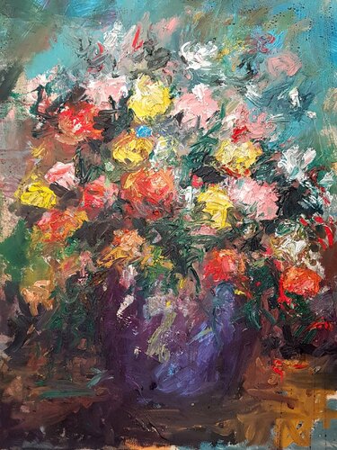 Colorful bouquet peonie flowers oil painting framed van Wim Van De Wege, Schilderij te koop op Singulart