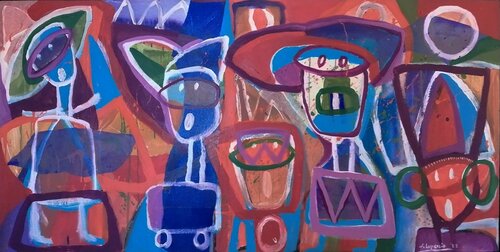 El paseo de los seis hermanos por las calles de La Chona di Jaime Lupercio, Pittura in vendita su Singulart