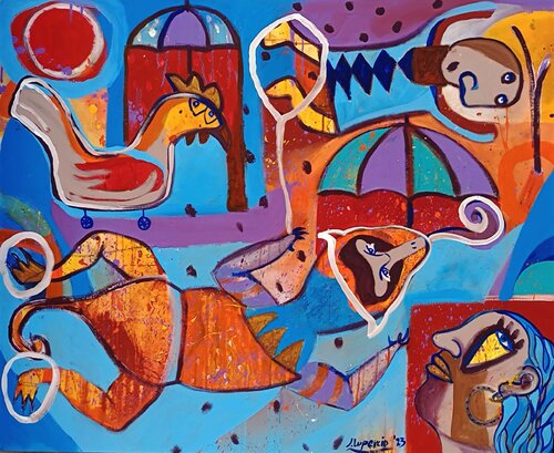 LA TARDE DE PRIMAVERA EN QUE HACÍA MAS CALOR ABAJO DE LA SOMBRILLA QUE AFUERA. von Jaime Lupercio, Malerei kaufen auf Singulart