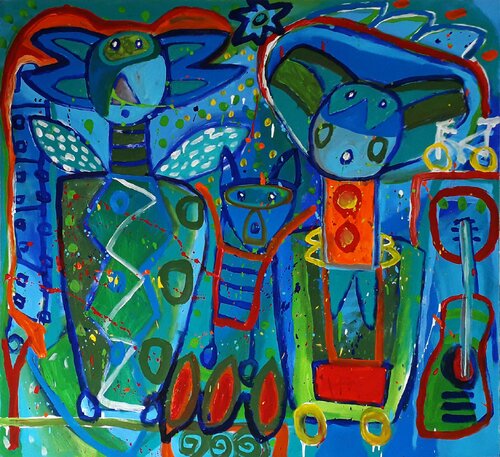 LOS PEREGRINOS BUSCANDO TACOS DESPUÉS DE LA POSADA van Jaime Lupercio, Schilderij te koop op Singulart