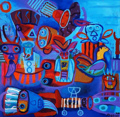El éxtasis de los chinelos en la danza del brinquito di Jaime Lupercio, Pittura in vendita su Singulart