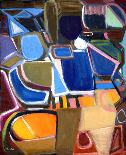 Gallants, Cubist Geometric Vintage Swedish Style Fine Art Oil Painting by Alexandra Swistak van Alexandra Swistak, Schilderij te koop op Singulart