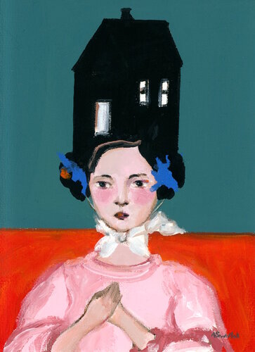 Birgitta with House Hat, Modern Oil Portrait de Alexandra Swistak, Pintura a la venta en Singulart