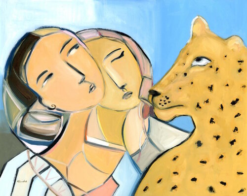 Quiet Conversations, Modern Cubist Abstract Figurative Angels Oil Painting van Alexandra Swistak, Schilderij te koop op Singulart